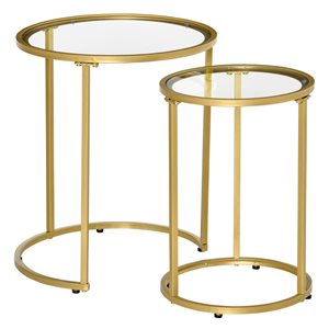 HomCom Tempered Glass Tabletop and Gold Metal Frame Nesting Accent Table Set - Set of 2