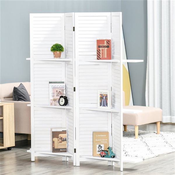 HOMCOM White Foldable Wood 4-Panel Privacy Screen with 3-Shelf
