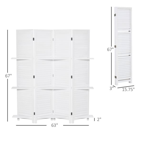 HOMCOM White Foldable Wood 4-Panel Privacy Screen with 3-Shelf