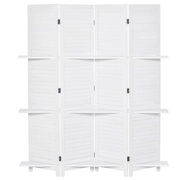 HOMCOM White Foldable Wood 4-Panel Privacy Screen with 3-Shelf