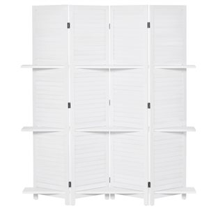 HomCom White Foldable Wood 4-Panel Privacy Screen with 3-Shelf