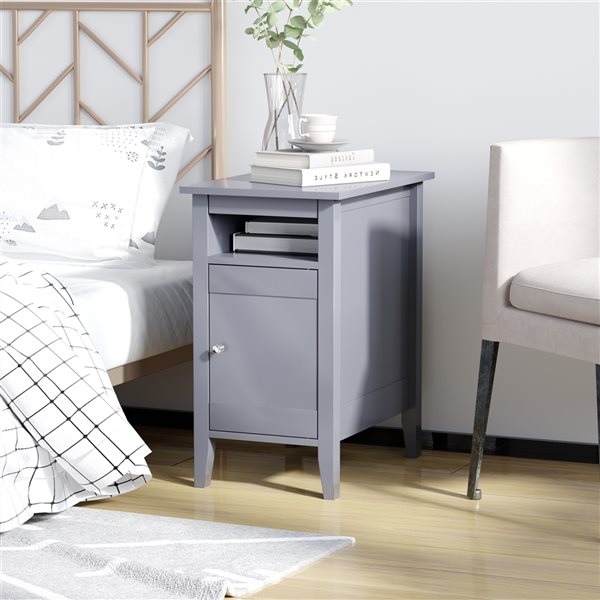 HomCom Grey Wood Rectangular 3-Tier End Table with Adjustable Shelves