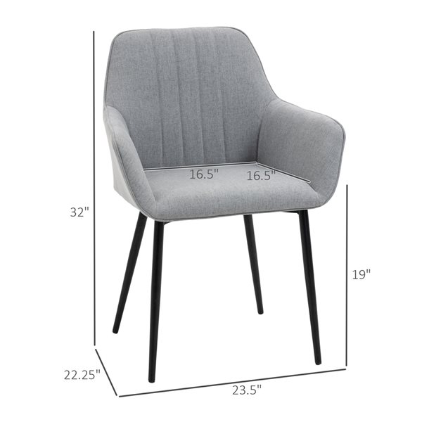 Chaise de salle à manger avec bras HomCom contemporaine en tissu gris clair rembourrée avec cadre de métal noir, lot de 2