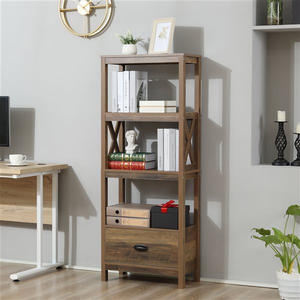 HOMCOM Rustic Brown MDF 3-Shelf Standard Bookcase with 1-Drawer