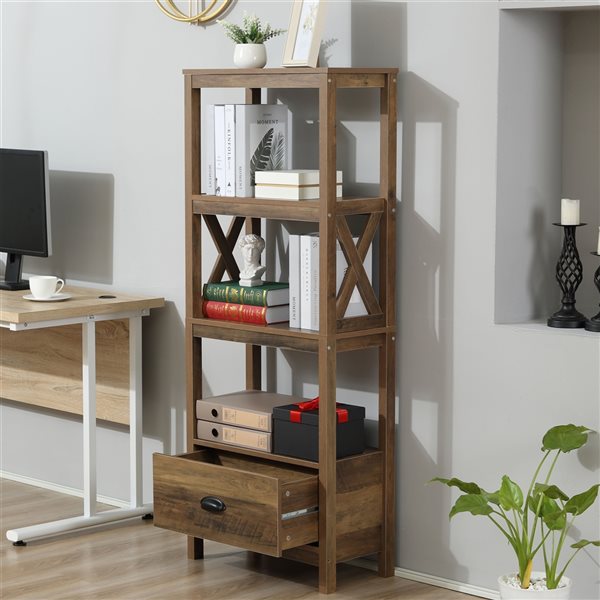 HOMCOM Rustic Brown MDF 3-Shelf Standard Bookcase with 1-Drawer