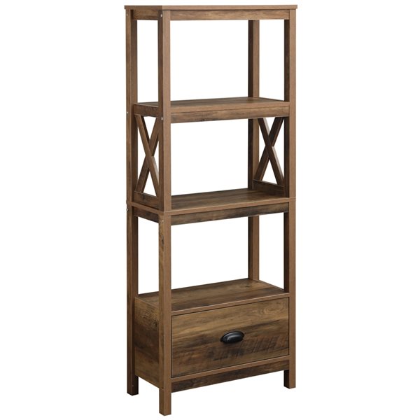 HOMCOM Rustic Brown MDF 3-Shelf Standard Bookcase with 1-Drawer