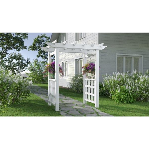 Tonnelle de jardin à toit plat Springport par Vita de 5 1/4 pi x 7 1/2 pi en vinyle blanc avec crochets intégrés