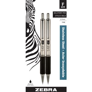 Stylos à bille F-402 de Zebra à pointe fine, noir et argent, ens. de 2