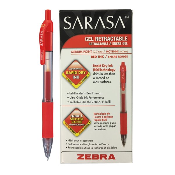 Stylos à encre gel Sarasa de Zebra à pointe moyenne, rouge, ens. de 12