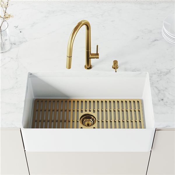 VIGO 33 in. Matte Stone Single Bowl Kitchen Sink with Kitchen Faucet in MG