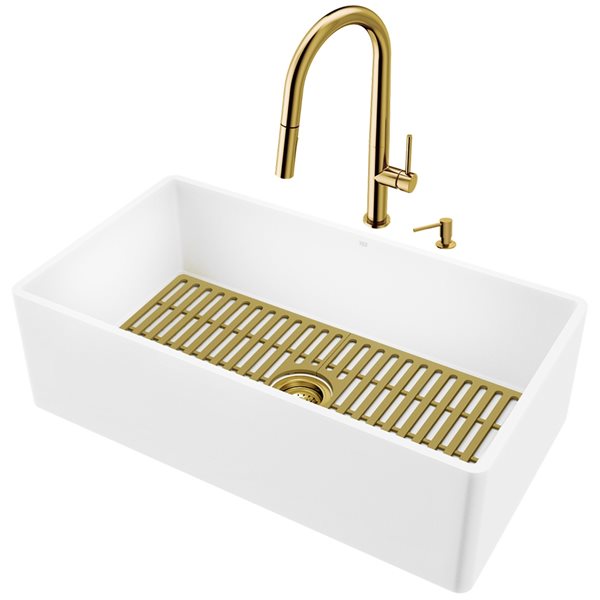 VIGO 33 in. Matte Stone Single Bowl Kitchen Sink with Kitchen Faucet in MG