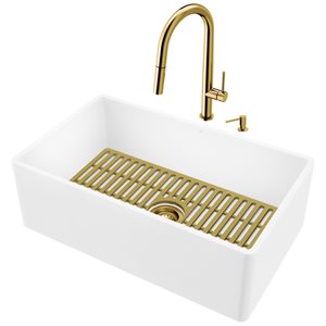 VIGO Matte Stone 30-in White Farmhouse Single-Bowl Kitchen Sink with Faucet and Soap Dispenser