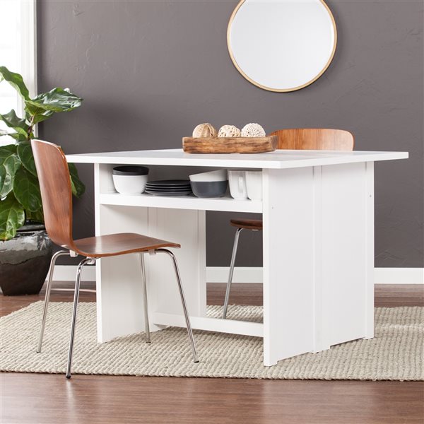 Southern Enterprises Killey White Rectangular Extending Self-Storing Standard Composite Table with White Composite Base