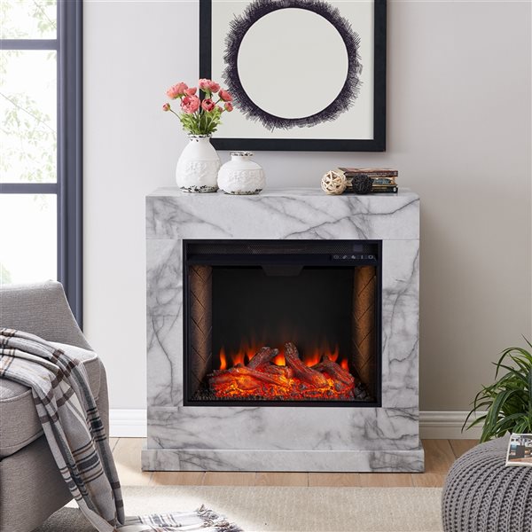 Southern Enterprises Pres 33.25-in W White Faux Marble Fan-forced Smart Electric  Fireplace ATG9582601FS | RONA