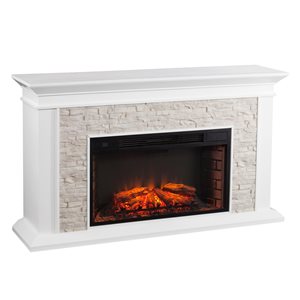 Southern Enterprises Kristoff 60.25-in W White with Faux Stone Fan-forced Electric Fireplace