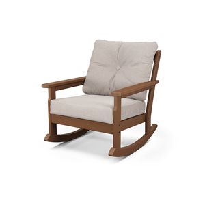 POLYWOOD Vineyard Teak Plastic Deep-Seating Rocking Chair with Dune-Burlap Cushions