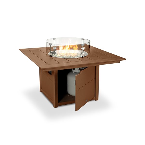 POLYWOOD 42-in Teak Aluminum Square 60,000 BTU Portable Fire Pit Table with Cover