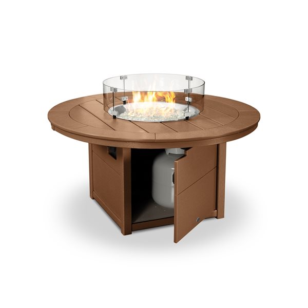 POLYWOOD 48-in Teak Aluminum Round 60,000 BTU Portable Fire Pit Table with Cover