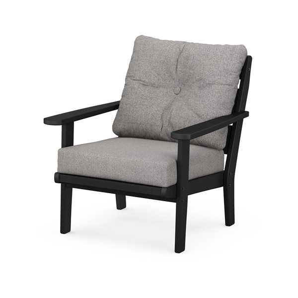 allen + roth Oakport Black Plastic Deep-Seating Chair with Grey-Mist Cushions