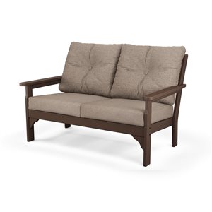 POLYWOOD Vineyard Outdoor Deep Seating Loveseat with Spiced Burlap Acrylic Cushions and Mahogany HDPE Frame