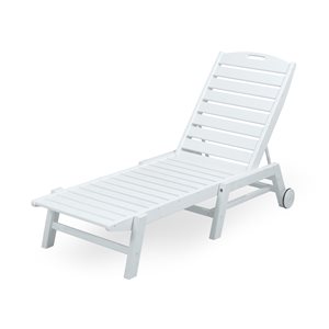 POLYWOOD Nautical White Plastic Stackable Chaise Lounge with Wheels