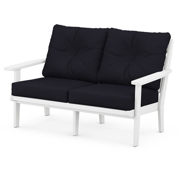 Allen + Roth by POLYWOOD Oakport Outdoor Deep Seating Loveseat with Navy Linen Acrylic Cushions and White HDPE Frame