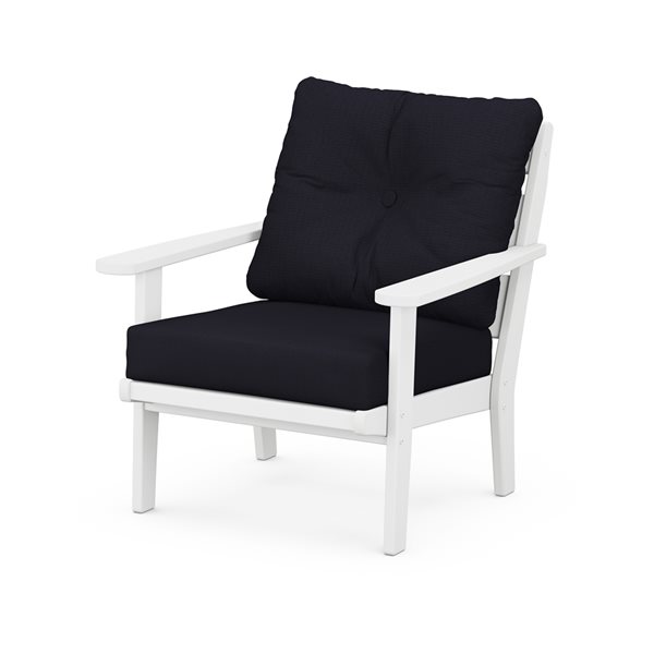 allen + roth Oakport White Plastic Deep-Seating Chair with Navy-Linen Cushions