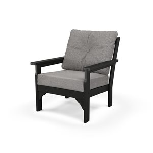 POLYWOOD Vineyard Black Plastic Deep-Seating Chair with Grey-Mist Cushions