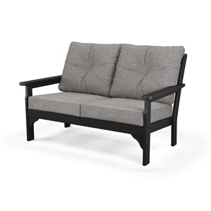 POLYWOOD Vineyard Outdoor Deep Seating Loveseat with Grey Mist Acrylic Cushions and Black HDPE Frame