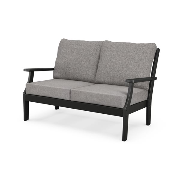 Trex Outdoor Furniture Yacht Club Outdoor Loveseat with Grey Mist Acrylic Cushions and Charcoal Black HDPE Frame