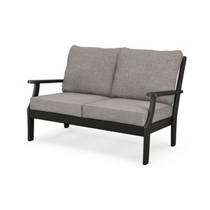 Trex Outdoor Furniture Yacht Club Outdoor Loveseat with Grey Mist Acrylic Cushions and Charcoal Black HDPE Frame