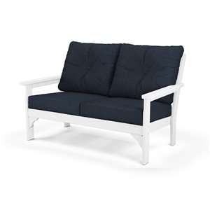 POLYWOOD Vineyard Outdoor Deep Seating Loveseat with Marine Indigo Acrylic Cushions and White HDPE Frame