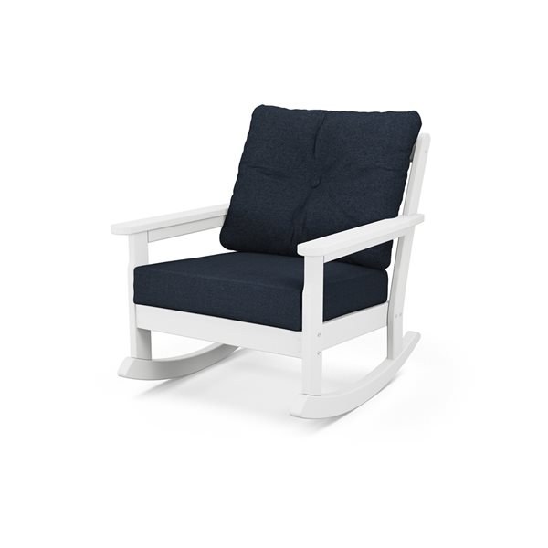 POLYWOOD Vineyard White Plastic Deep-Seating Rocking Chair with Marine-Indigo Cushions