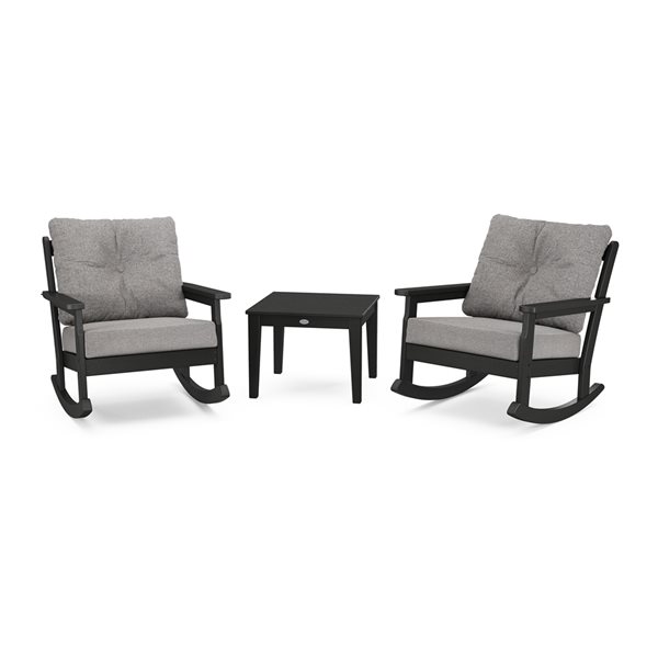 POLYWOOD Vineyard 3-Piece Plastic Frame Black Patio Conversation Set with Grey Mist Cushions