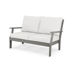 Trex Outdoor Furniture Yacht Club Outdoor Loveseat with Natural Linen Acrylic Cushions and Stepping Stone HDPE Frame