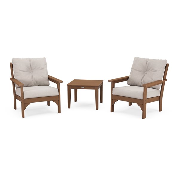 POLYWOOD Vineyard 3-Piece Plastic Frame Teak Patio Conversation Set with Dune Burlap Cushions