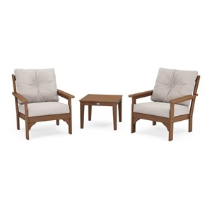 POLYWOOD Vineyard 3-Piece Plastic Frame Teak Patio Conversation Set with Dune Burlap Cushions