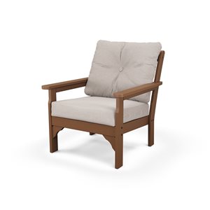 POLYWOOD Vineyard Teak Plastic Deep-Seating Chair with Dune-Burlap Cushions