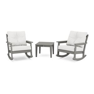 POLYWOOD Vineyard 3-Piece Plastic Frame Slate Grey Patio Conversation Set with Natural Linen Cushions