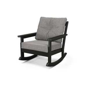 POLYWOOD Vineyard Black Plastic Deep-Seating Rocking Chair with Grey-Mist Cushions