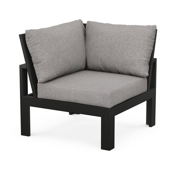 POLYWOOD Edge Black Plastic Modular Corner Chair with Grey-Mist Cushions