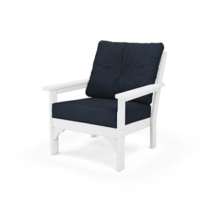 POLYWOOD Vineyard White Plastic Deep-Seating Chair with Marine Indigo Cushions