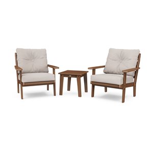 POLYWOOD Lakeside 3-Piece Plastic Frame Teak Patio Conversation Set with Dune Burlap Cushions