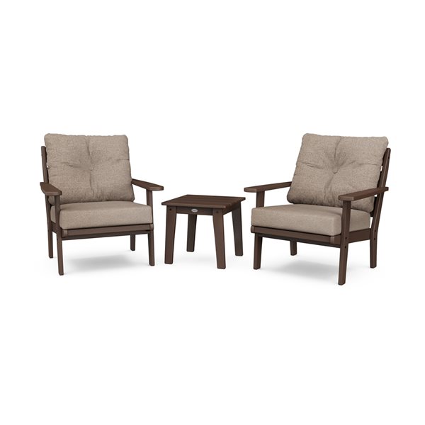 POLYWOOD Lakeside 3-Piece Plastic Frame Mahogany Patio Conversation Set with Spice Burlap Cushions