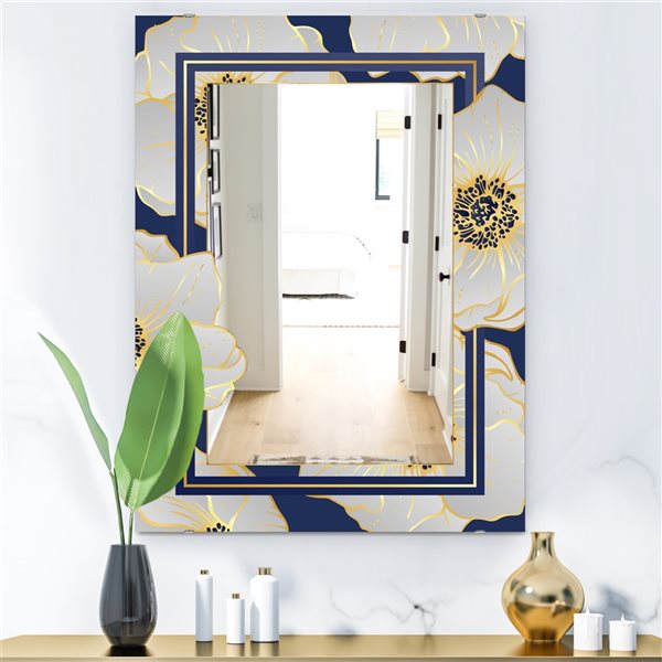 Designart 35.4-in L x 23.6-in W Rectangle Botanical Gold Floral Arrangement II Polished Wall Mirror