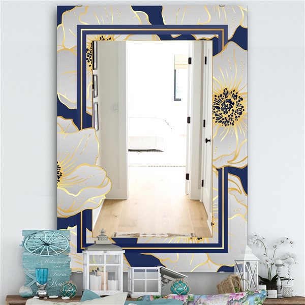 Designart 35.4-in L x 23.6-in W Rectangle Botanical Gold Floral Arrangement II Polished Wall Mirror