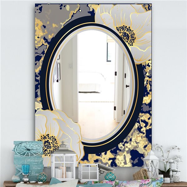 Designart 35.4-in L x 23.6-in W Rectangle Botanical Gold Floral Arrangement I Polished Wall Mirror