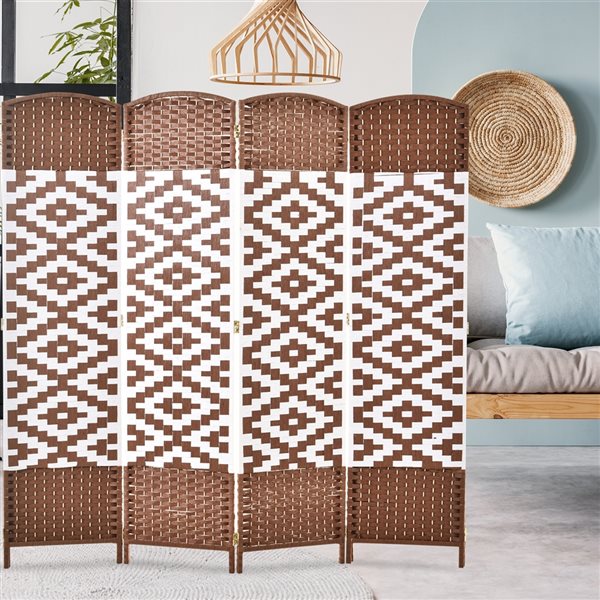 HOMCOM 4-Panel Foldable Brown Resin Wicker Indoor Privacy Screen