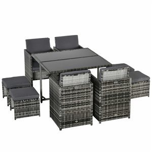 Ensemble à dîner pour patio Outsunny en rotin de PE gris avec coussins gris inclus, 9 pièces