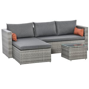 Ensemble de patio modulable gris à 3 pièces Outsunny en rotin avec table basse et coussins décoratifs